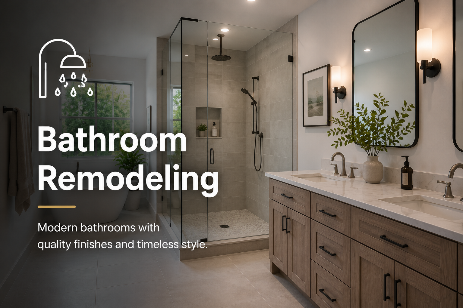 Modern bathroom remodel with custom tile shower, frameless glass enclosure, floating vanity, and contemporary finishes.