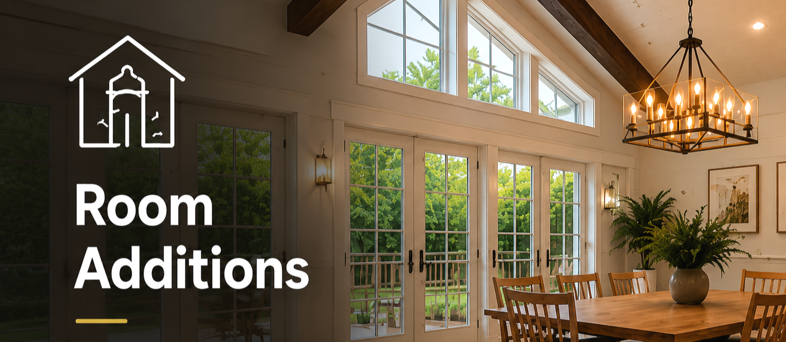 Custom room addition with vaulted ceilings, large windows, open living space, and natural light.