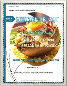 Cover of a 2025 nutrition guide titled 'Nutrient Blast' featuring a sandwich with lettuce, tomato, cheese, and meat, with the subtitle 'Taste Like Real Restaurant Food'.