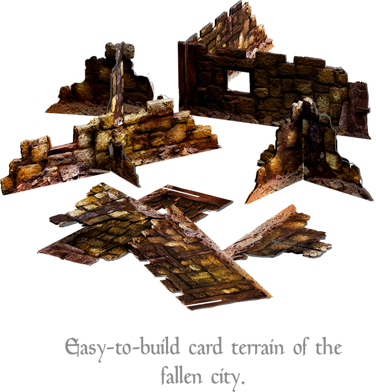 Partially ruined brick wall with torn sections and missing bricks make up three-dimensional, slotted terrain in the board game Sun Rot.
