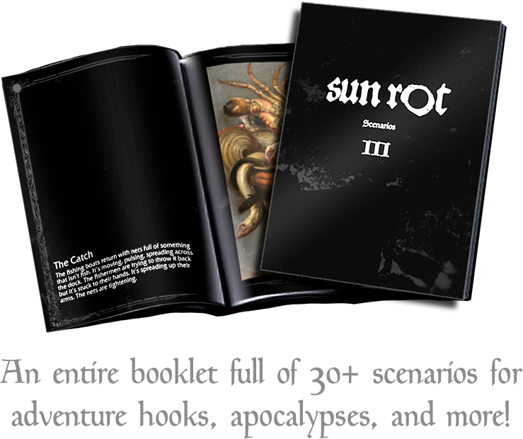 An open black booklet titled "Sun Rot Scenarios III" with pages showing a scenario called "The Catch" describing a fishing harbor attack scene, and a closed black booklet with the same title laying on top.