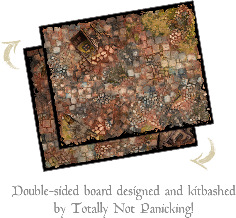 Aerial view of an old, cobblestone courtyard with scattered bricks, logs, and small patches of grass and moss.