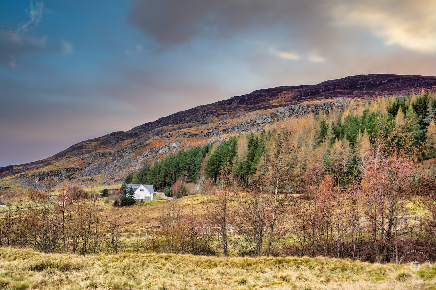 Rural landscape with a white house, surrounding trees, and hills in the background under a cloudy sky.