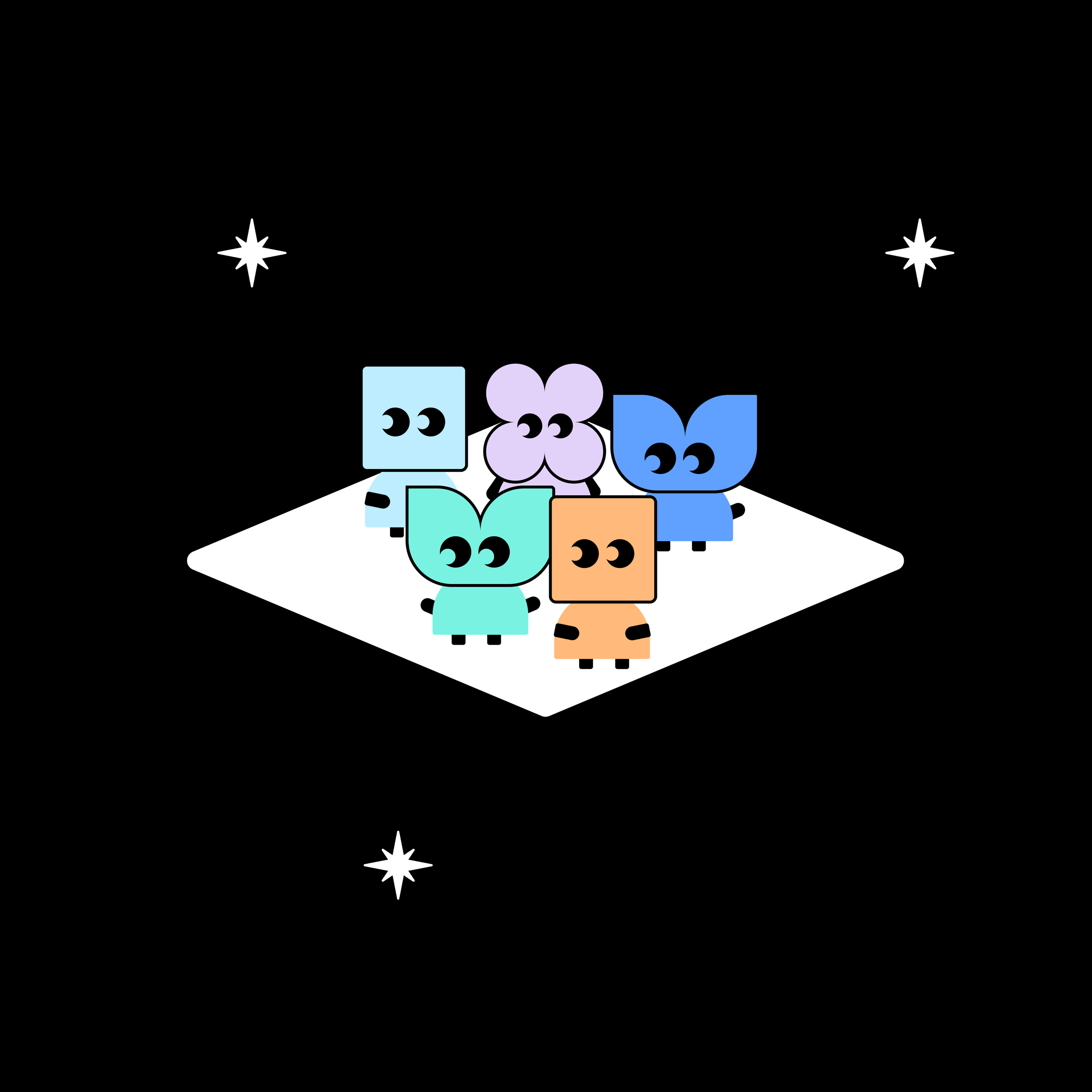 Four colorful cartoon animals with big eyes standing on a white square, surrounded by stars against a black background.