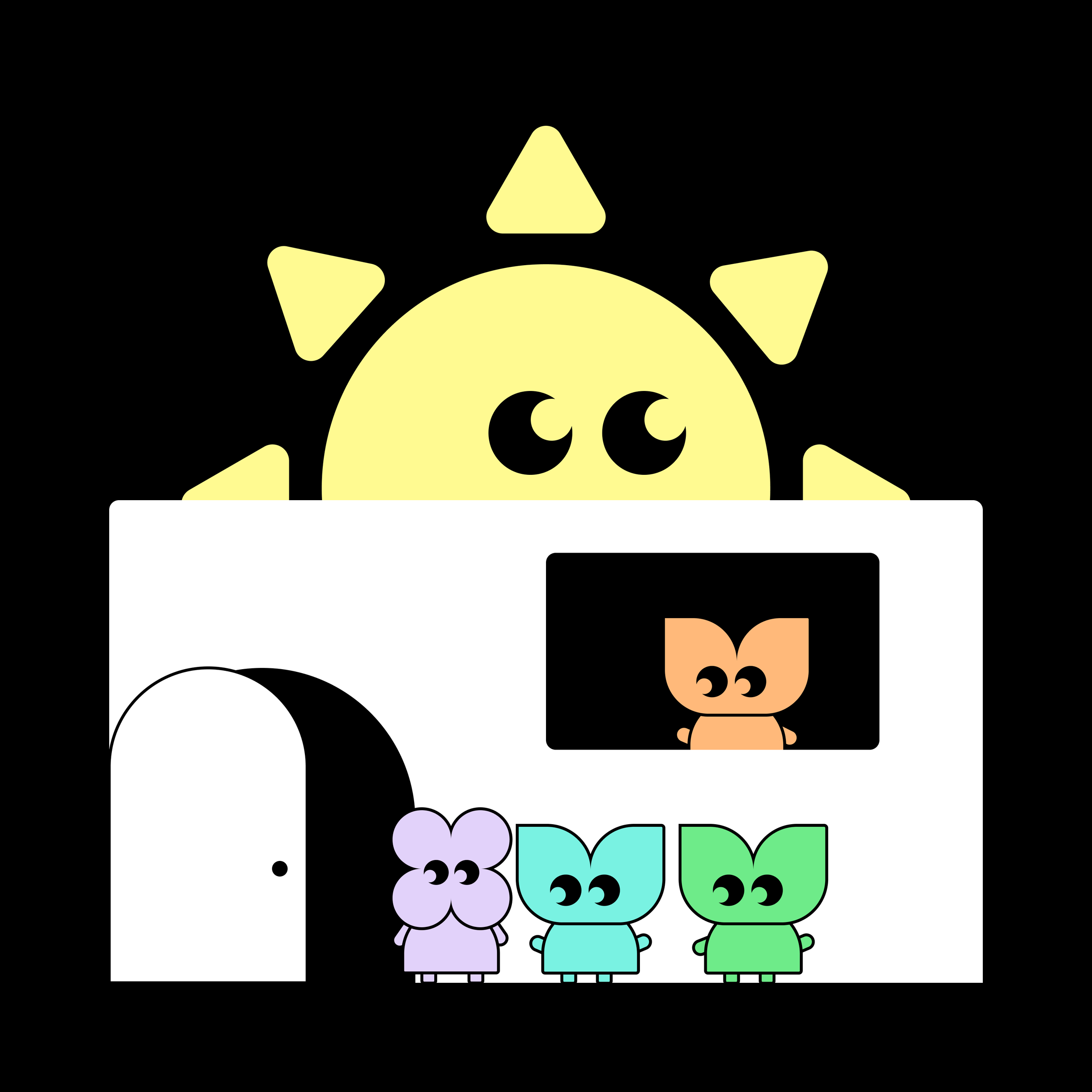 Colorful cartoon family of cute animals, including a lion, owl, and three bunnies in front of a house with a large sun in the background.