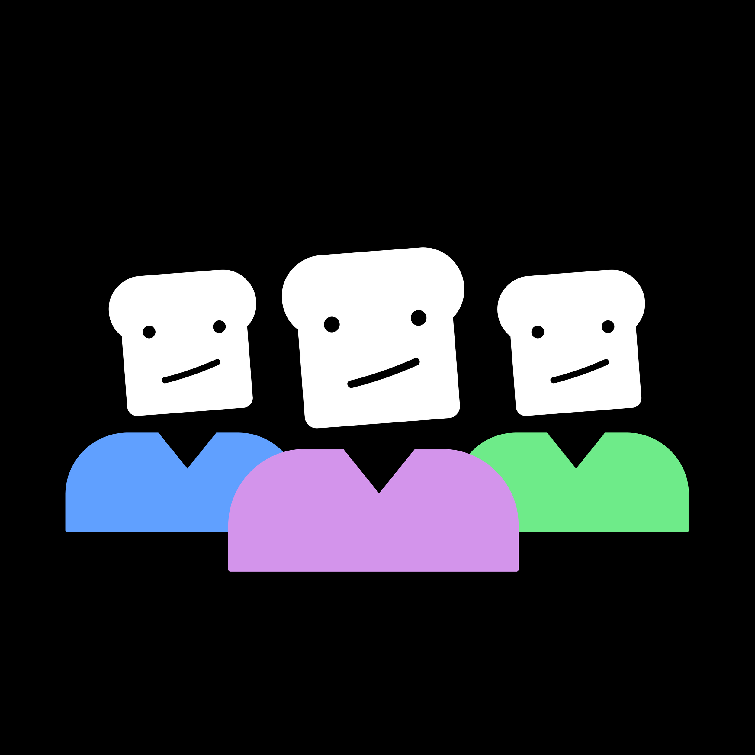 Illustration of three cartoon-style heads with toast-shaped faces, black eyes, and simple mouths, each wearing different colored shirts: blue, purple, and green, against a black background.