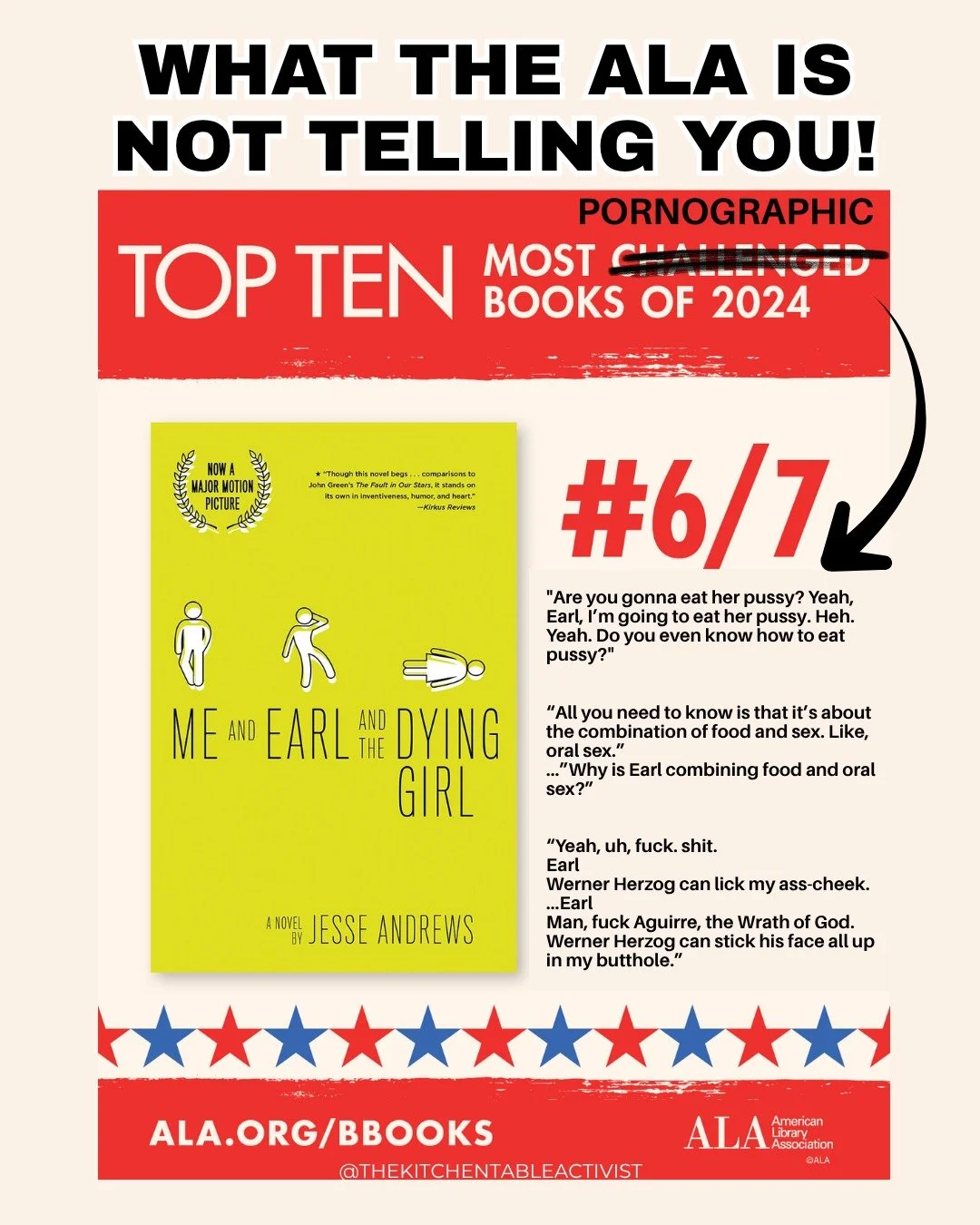Me and Earl and the Dying Girl
Is what The&nbsp;@americanlibraryassociation&nbsp;calls,
&ldquo;one of the most banned books in America.&rdquo;

Here&rsquo;s what they don&rsquo;t tell you 👇

&quot;Hands covered my mouth, rough, held my arms, strong 