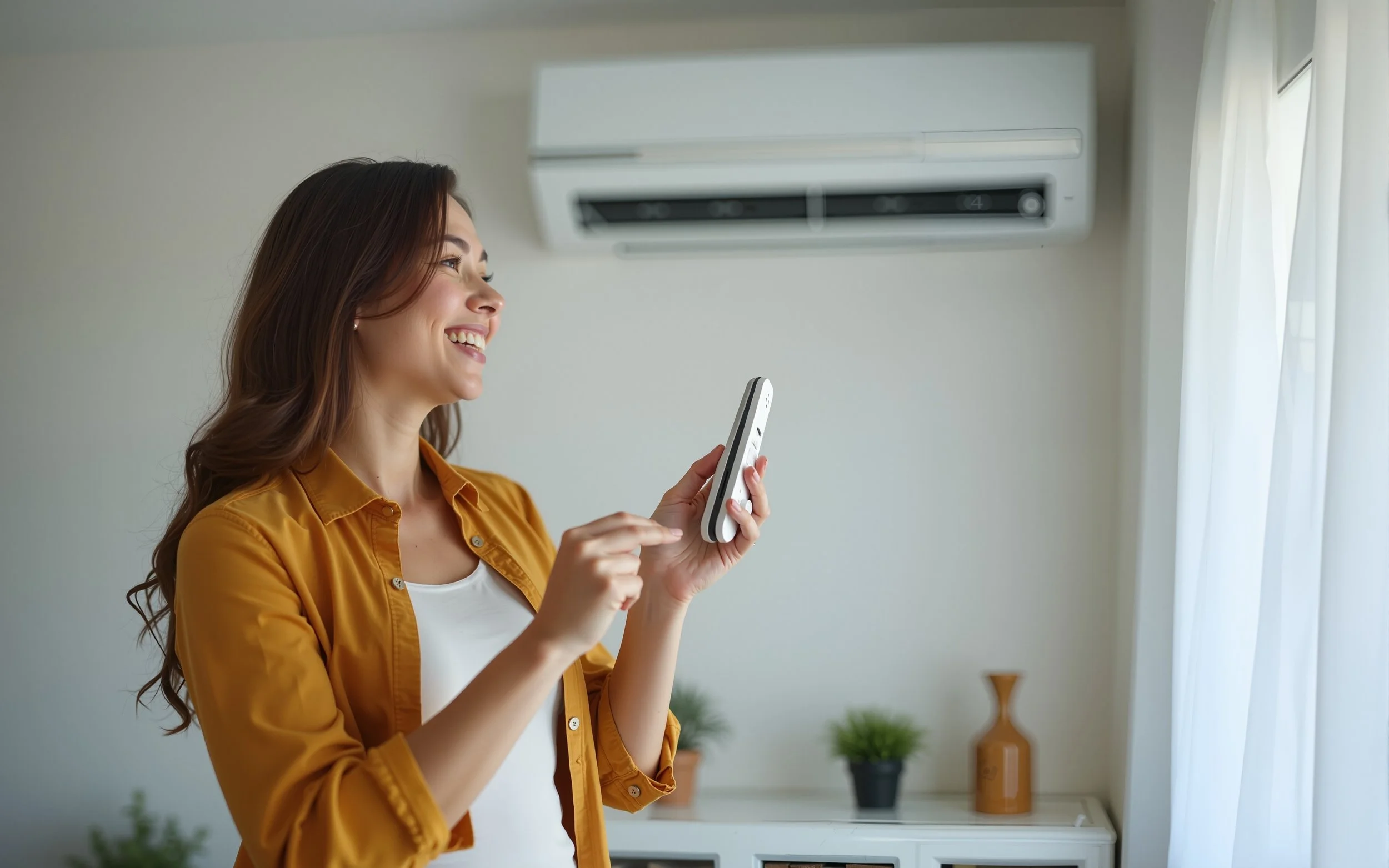 A woman with long brown hair smiling and using a smartphone indoors, with air conditioning unit on the wall and a white cabinet with plants and a vase in the background.