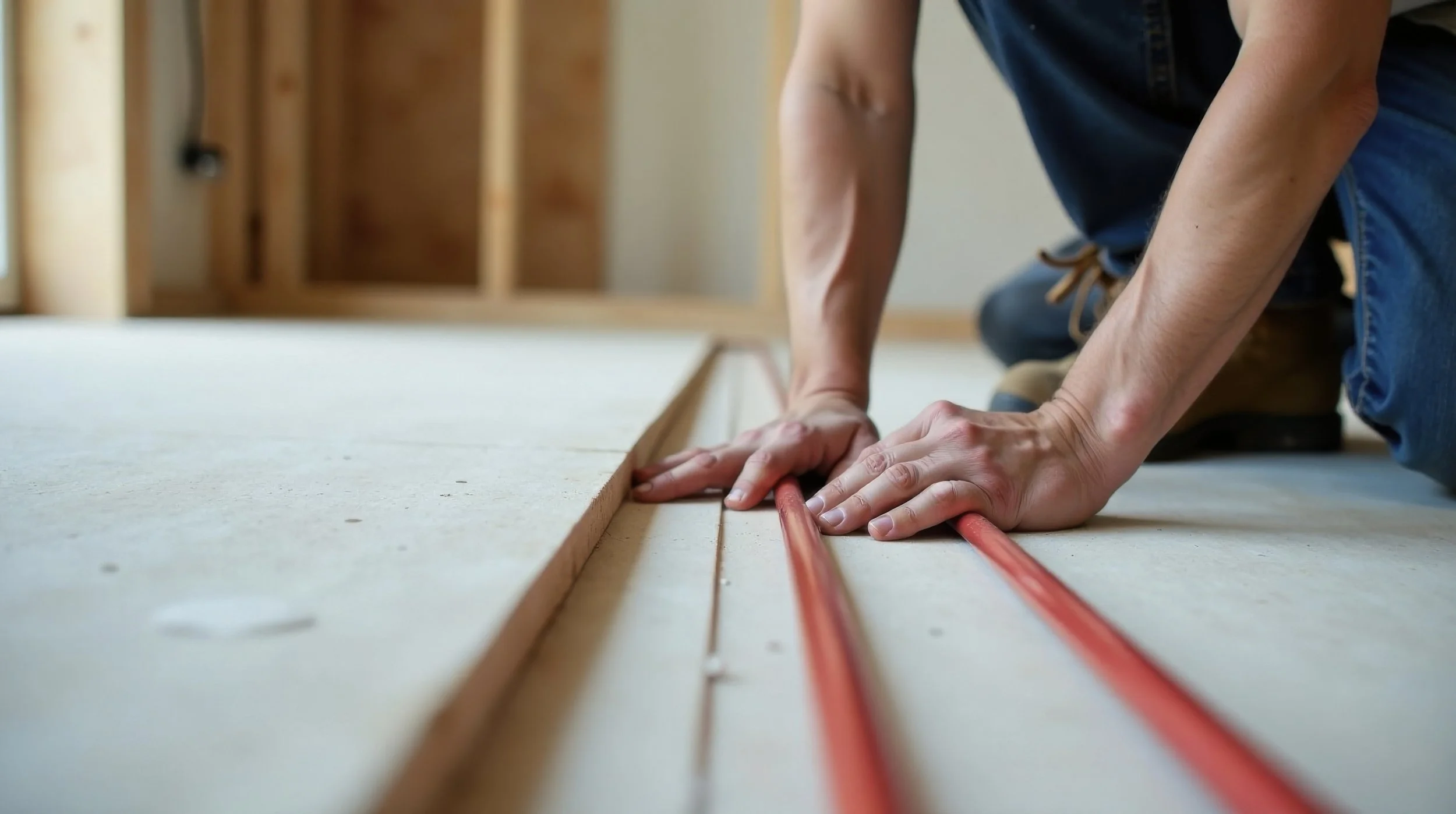 Person installing PEX tubing in a groove on a wooden floor during a construction project.