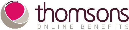Logo of Thomsons Online Benefits with a pink and gray circular icon and the text 'thomsons ONLINE BENEFITS'.