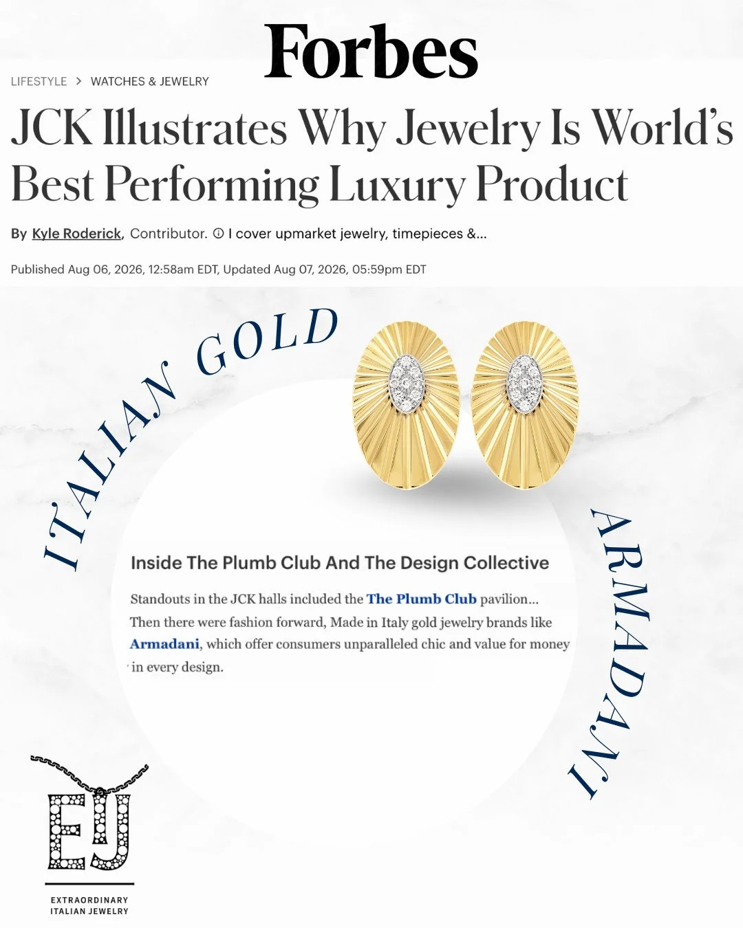 Italian craftsmanship, recognized. ✨⁠
⁠
We&rsquo;re thrilled to see Armadani featured in Forbes&rsquo; JCK recap, where Kyle Roderick spotlighted our fashion-forward Made in Italy gold jewelry as one of the standouts inside The Plumb Club.⁠
⁠
A speci