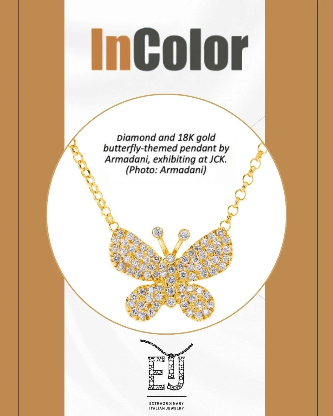 Spotted in InColor. ✨⁠
⁠
A special thank you to InColor Magazine for including Armadani in its Fall 2026 recap of Las Vegas Jewelry Week and for featuring our diamond and 18K gold butterfly pendant from JCK.⁠
⁠
We love seeing a little piece of Armada