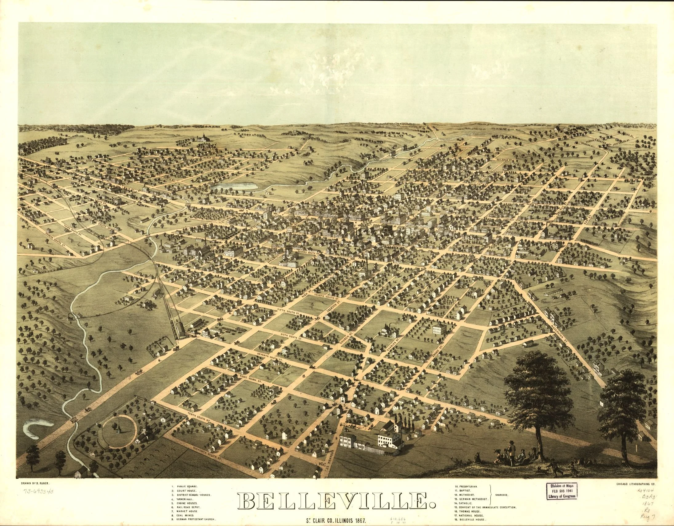 vintage map of Belleville Illinois featuring Blanquart's Vintage Market building in the 1800s