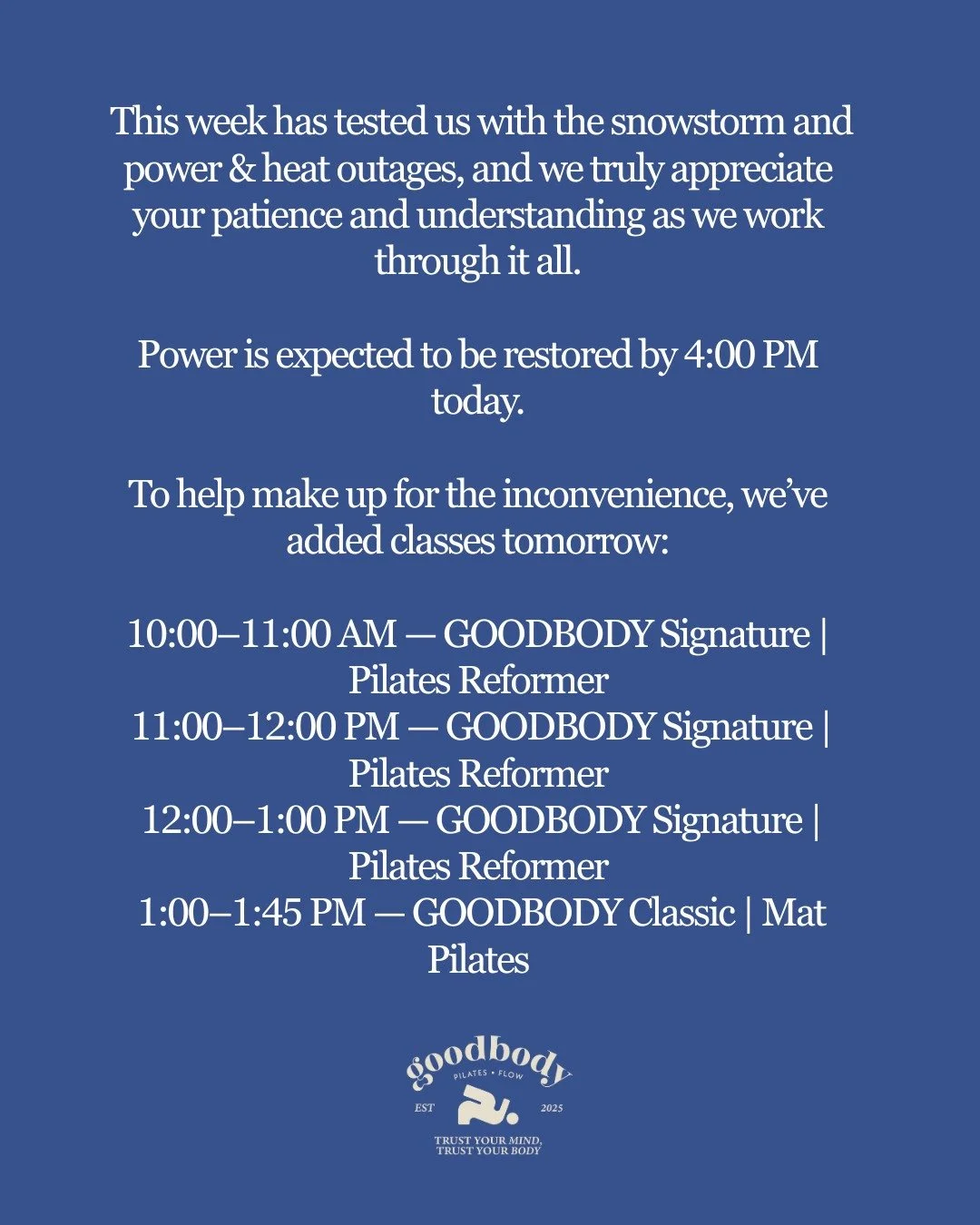 ❄️ What a week! Between the snowstorm and power &amp; heat outages, we know it hasn&rsquo;t been easy - and we are so grateful for your continued patience, understanding, and support.

Power is expected to be restored by 4:00 PM today, and to help ma