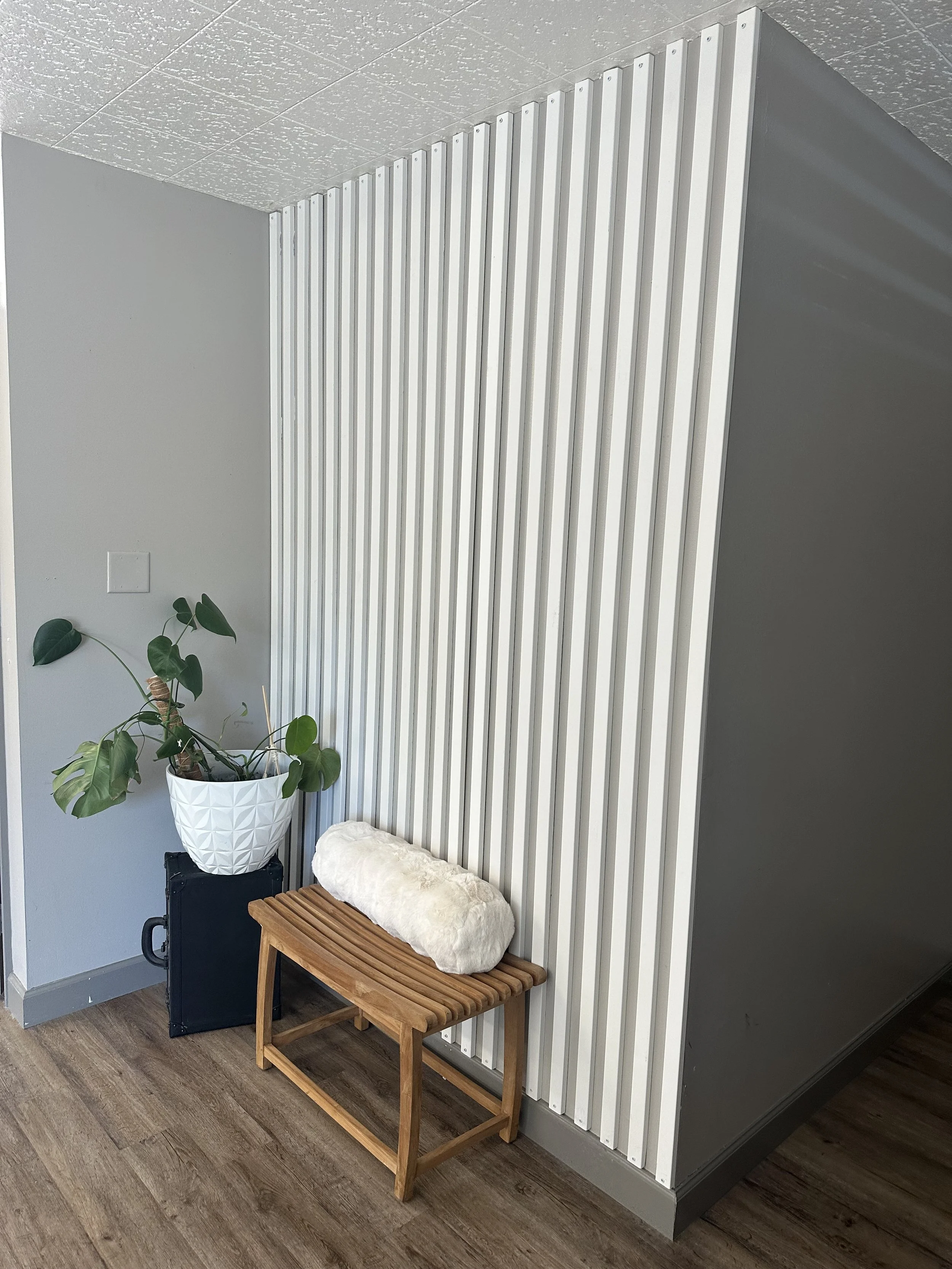 Indoor corner with a decorative wooden bench, a potted plant with large green leaves in a white geometric planter, a black box or small piece of furniture, and light gray and white walls with a vertical panel feature.