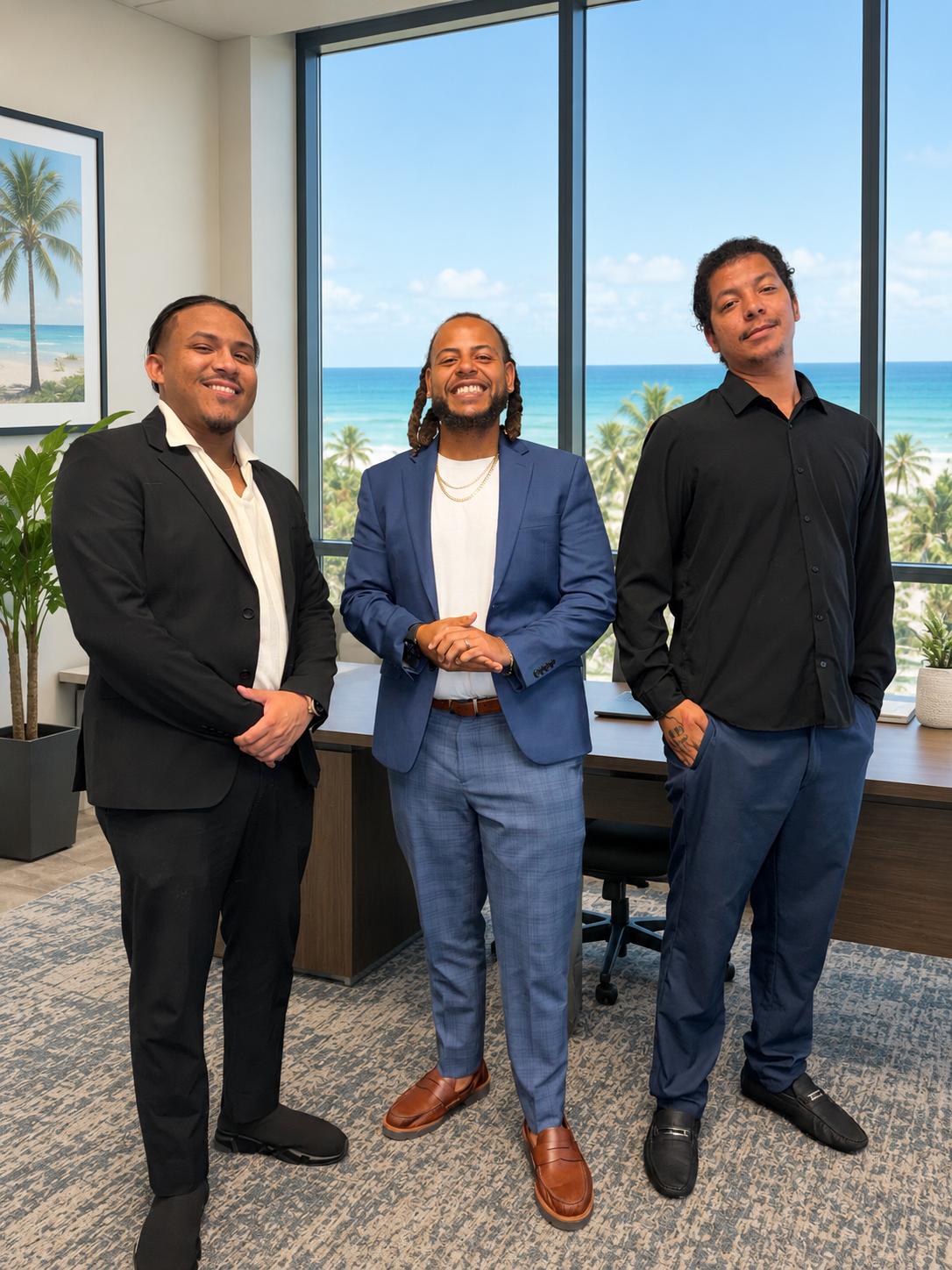 3 Males standing in business attire in office, blue suit, black suit, black dress shirt