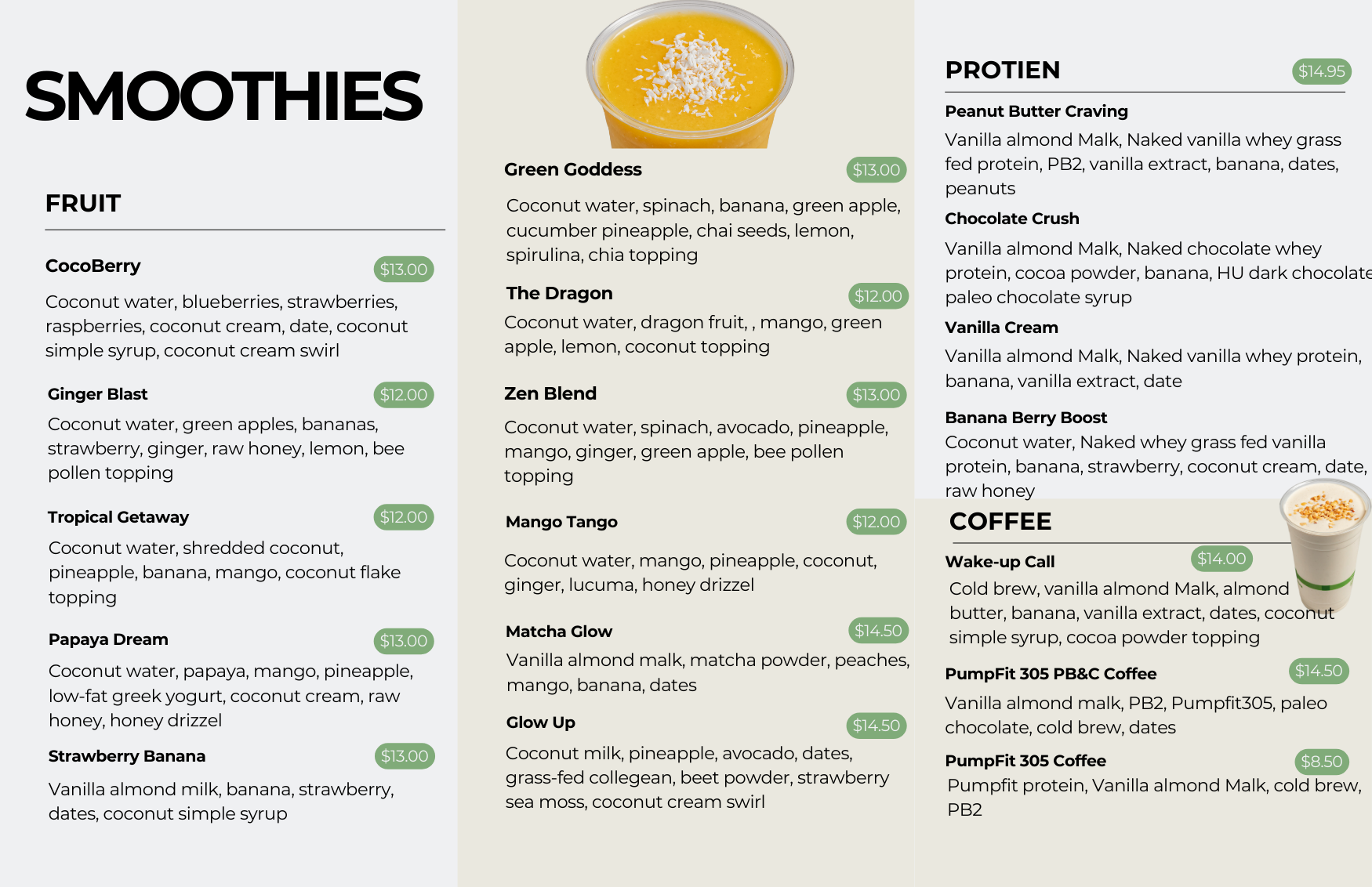 Menu with various smoothies and coffee options including names, ingredients, and prices, with a cup of smoothie on the side.