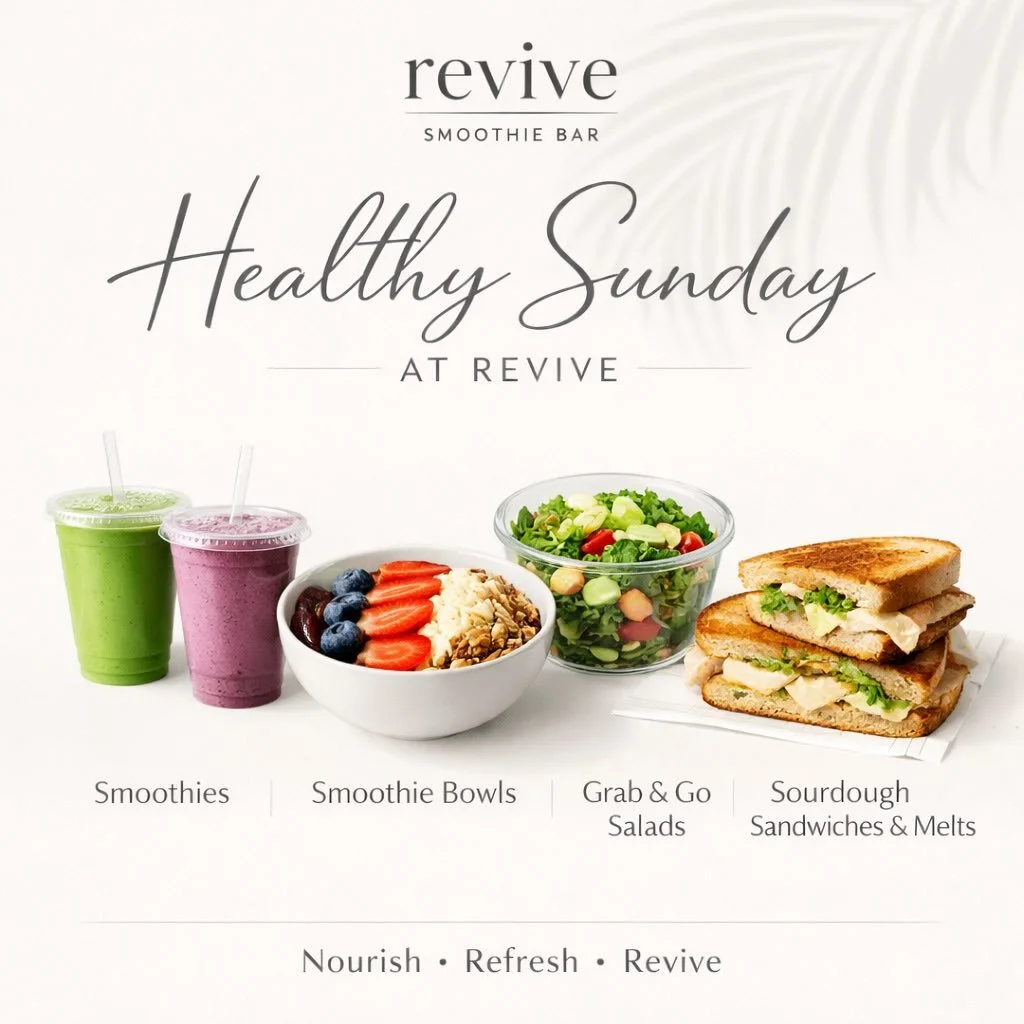 Healthy Sundays start at Revive 🤍

Smoothies, smoothie bowls, fresh grab-and-go salads, and sourdough sandwiches &amp; melts&mdash;made clean, simple, and nourishing.

Stop in, slow down, and revive your week. ✨