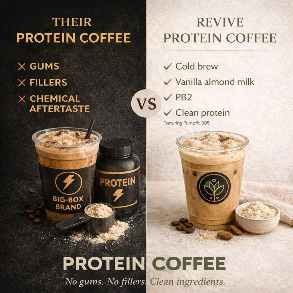 Not all protein coffee is created equal.

Ours:
✔️ No gums
✔️ No fillers
✔️ No artificial junk
✔️ Clean, intentional ingredients

Theirs:
❌ Hidden sugars
❌ Preservatives
❌ Fillers disguised as &ldquo;healthy&rdquo;

At Revive, we don&rsquo;t cut corn
