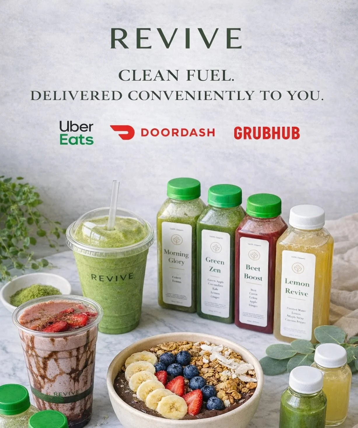 Too busy to stop by? We&rsquo;ll come to you. 🚚
Revive is now delivering your clean favorites straight to your door.

Order on Uber Eats &bull; DoorDash &bull; Grubhub
Search: Revive Smoothie Bar

Tap. Order. Revive.