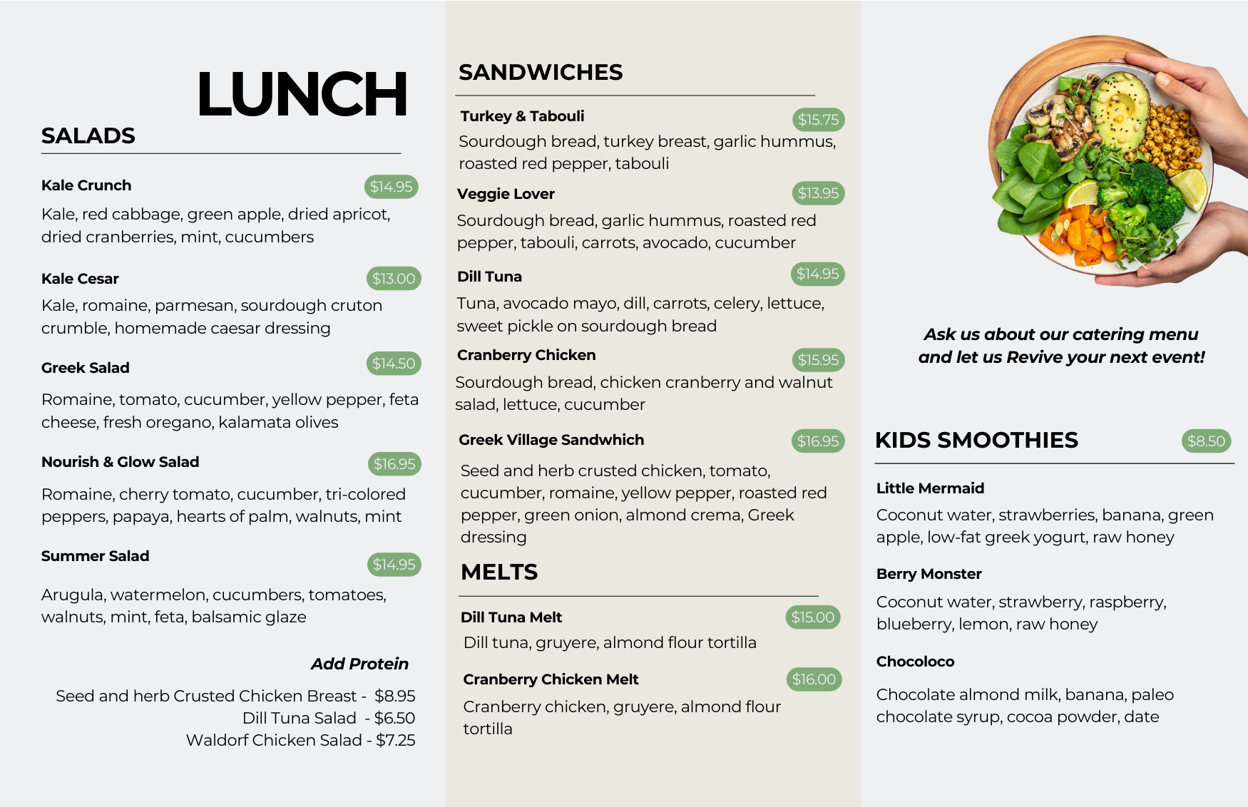 Lunch menu featuring salads, sandwiches, melts, kids smoothies, and an image of a hand holding a salad. Salads include Kale Crunch, Kale Cesar, Greek Salad, Nourish & Glow Salad, and Summer Salad. Sandwiches include Turkey & Tabouli, Veggie Lover, Di
