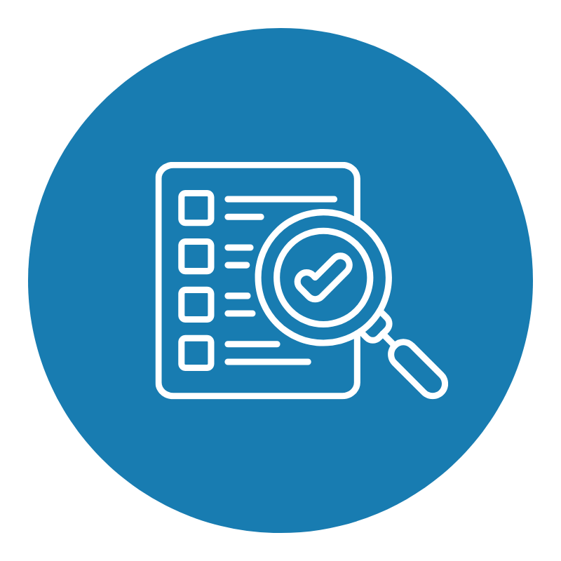 Icon of a checklist with a magnifying glass showing a checkmark, representing review or audit.