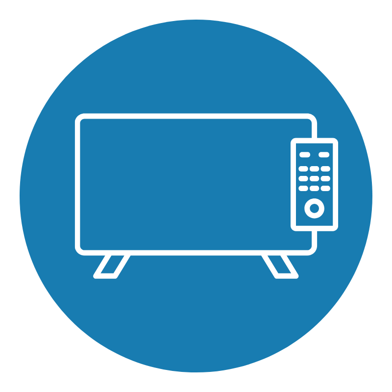 Icon of a flat-screen TV with a remote control attached to the side, inside a blue circular background.