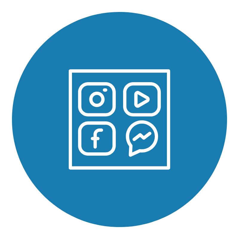 Icon of social media apps including Instagram, YouTube, Facebook, and Instagram on a blue circular background.