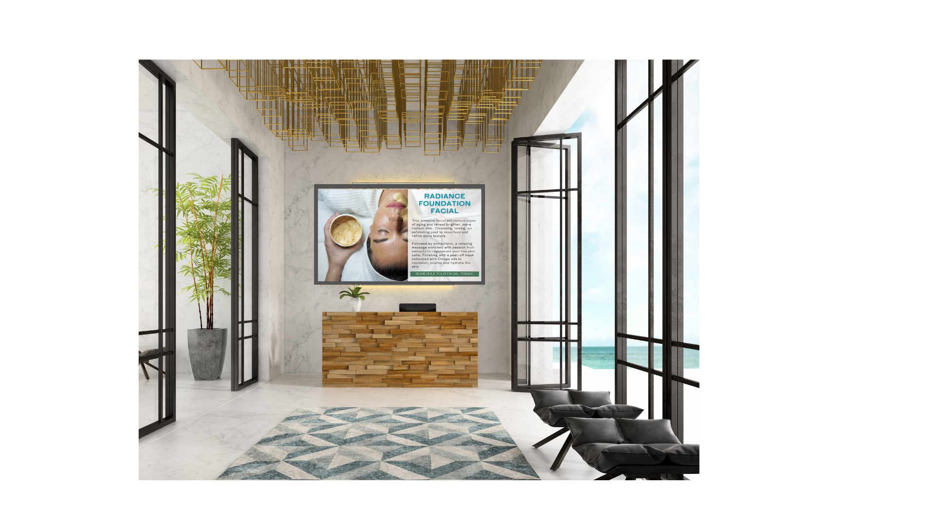 Modern spa reception area with large windows showing ocean view, a wooden check-in desk, a large digital advertisement for facial treatments on the wall, and seating area with black lounge chairs.
