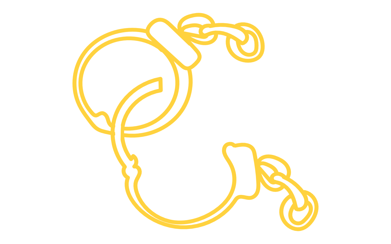 Yellow line art illustration of handcuffs on a black background.