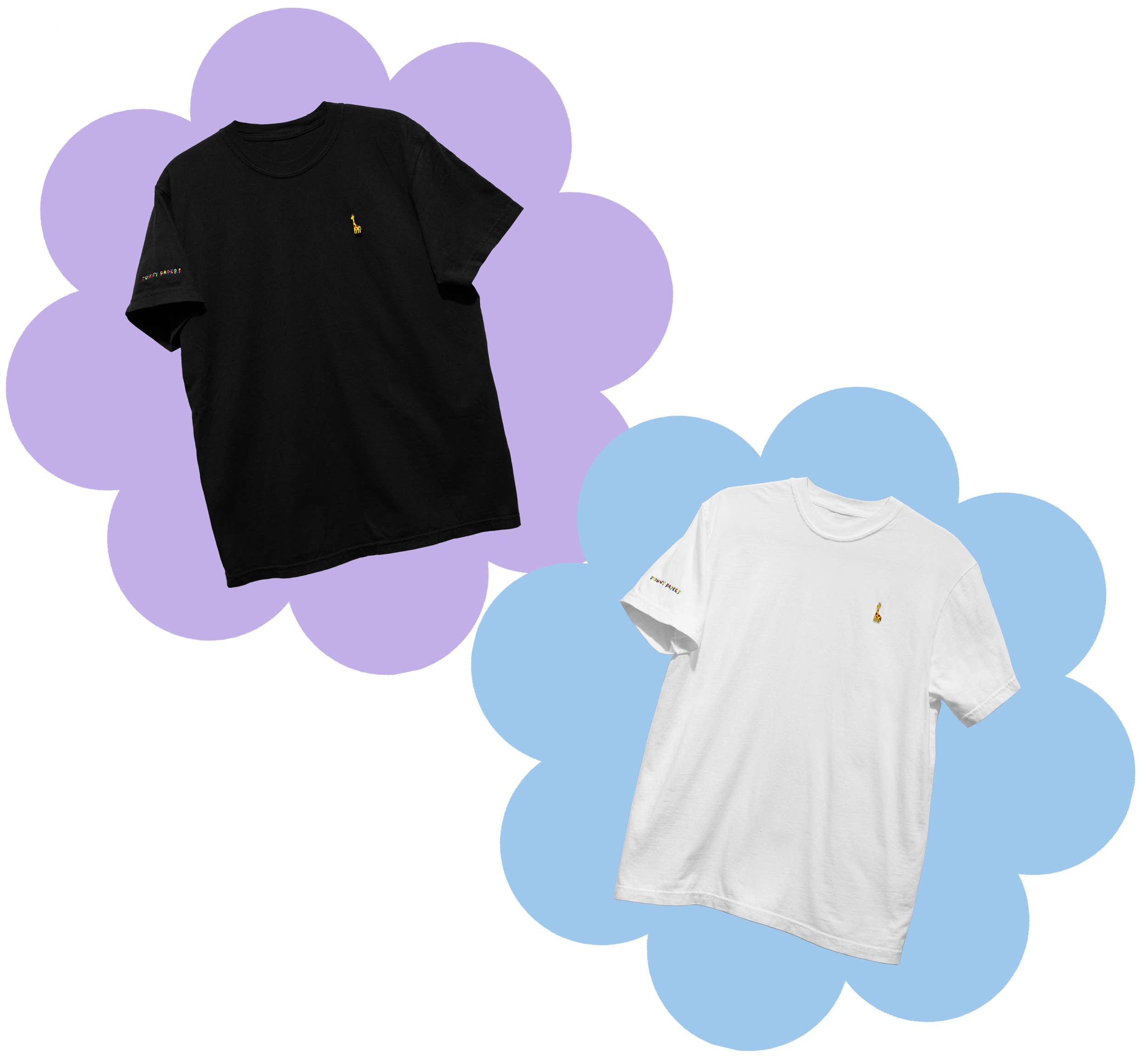 Black and White T-Shirts on Purple and Blue flowers with a yellow and red enamel Giraffe charm sewn to the left chest with "Funny Papers" embroidered on right sleeve in RGB variable thread