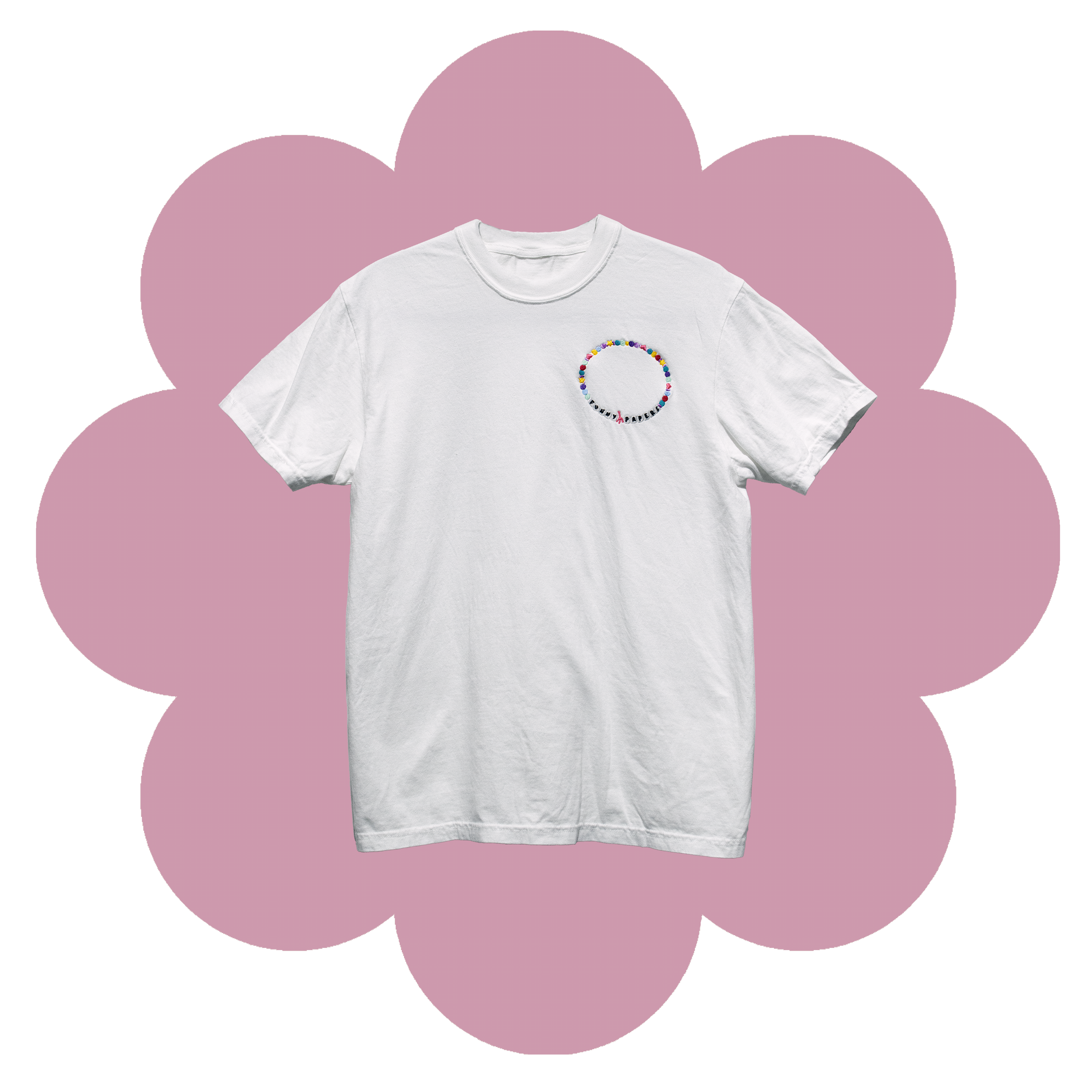 White T-Shirt with embroidery on the left chest of a multi-colored charm bracelet with Heart and Star charms and tiles that spell out "Funny Papers"