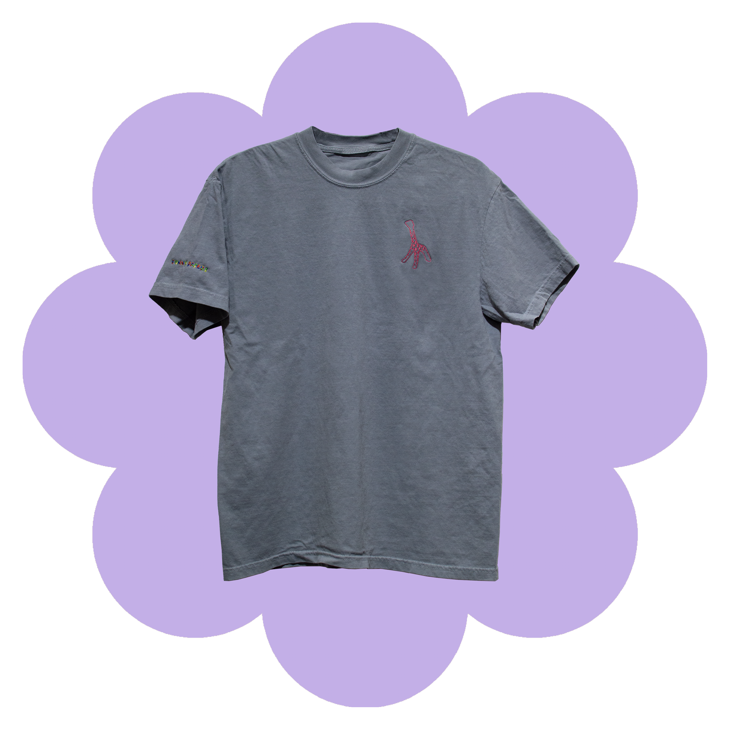 Washed Grey t-Shirt with Rose colored Giraffe embroidery on left chest and "Funny Papers" embroidered on right sleeve in RGB variable thread