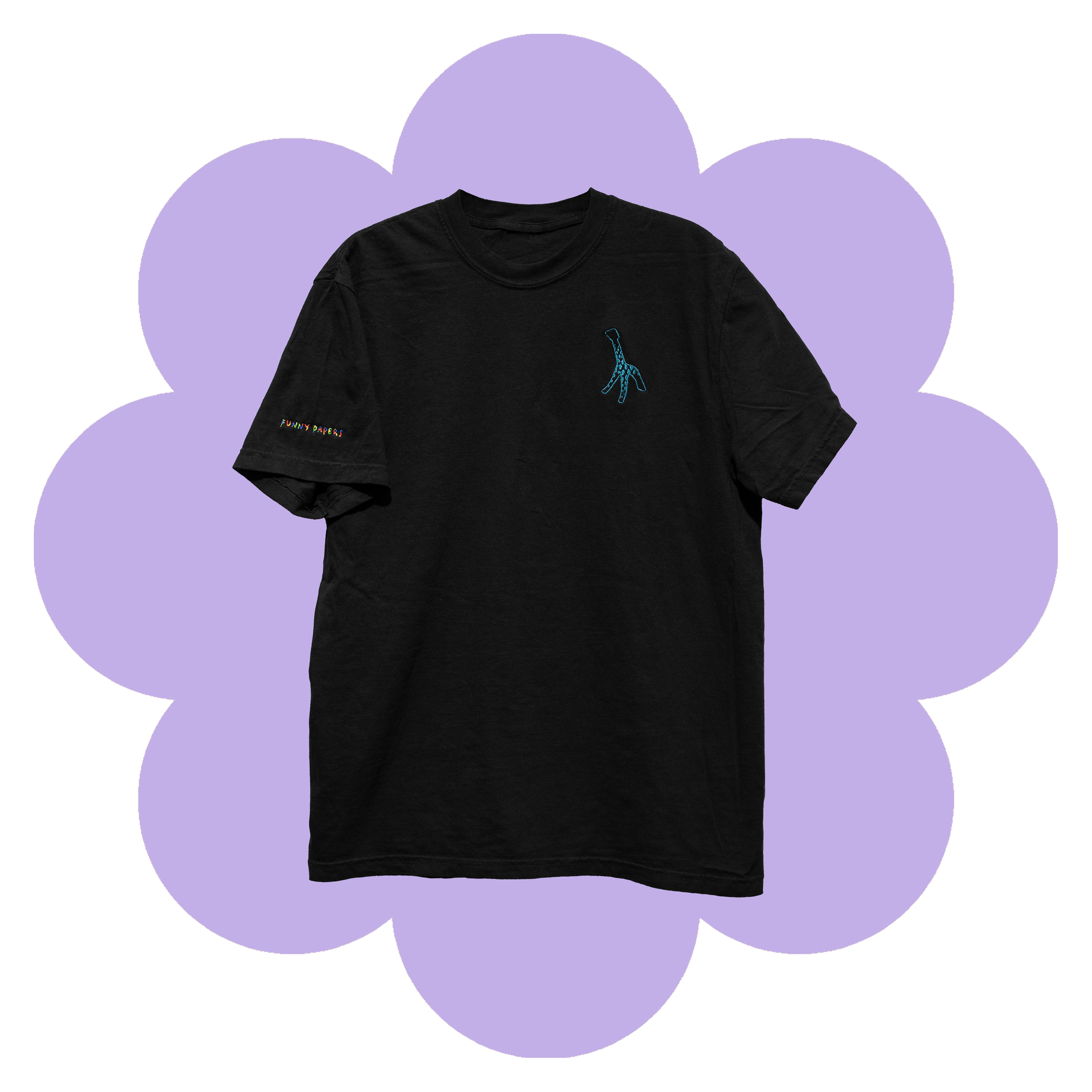 Black t-Shirt with turquoise colored Giraffe embroidery on left chest and "Funny Papers" embroidered on right sleeve in RGB variable thread
