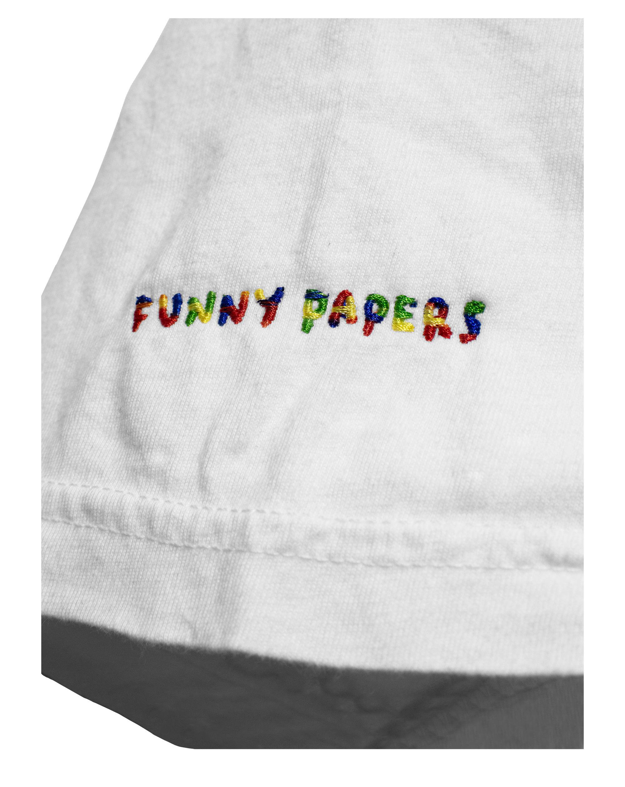 Detail of White t-Shirt's right sleeve with "Funny Papers" embroidered on right sleeve in RGB variable thread