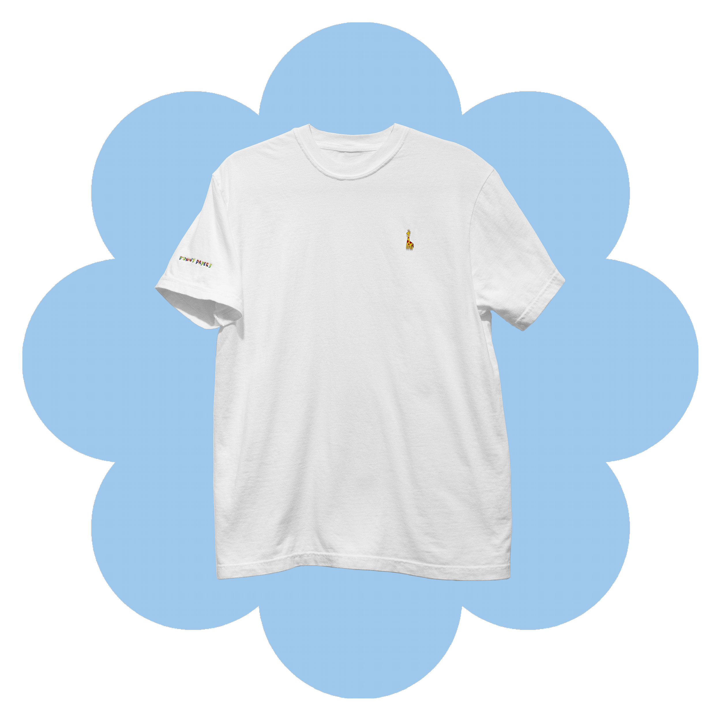 White T-Shirt with a yellow and red enamel Giraffe charm sewn to the left chest with "Funny Papers" embroidered on right sleeve in RGB variable thread