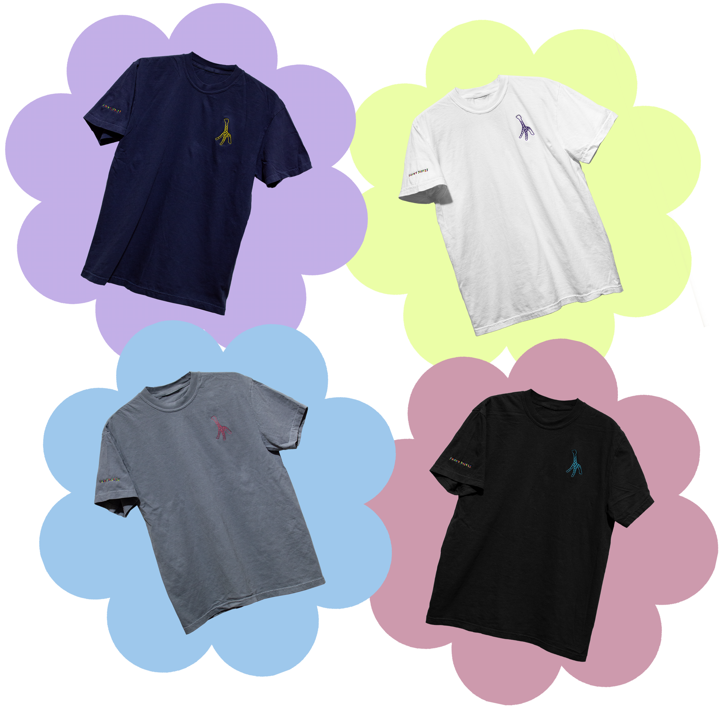 Navy, White, Grey & Black T-Shirts on Purple, Green, Blue and Pink flowers that all have embroidered Giraffes on the left chest and "Funny Papers" in RGB variable thread on the right sleeve