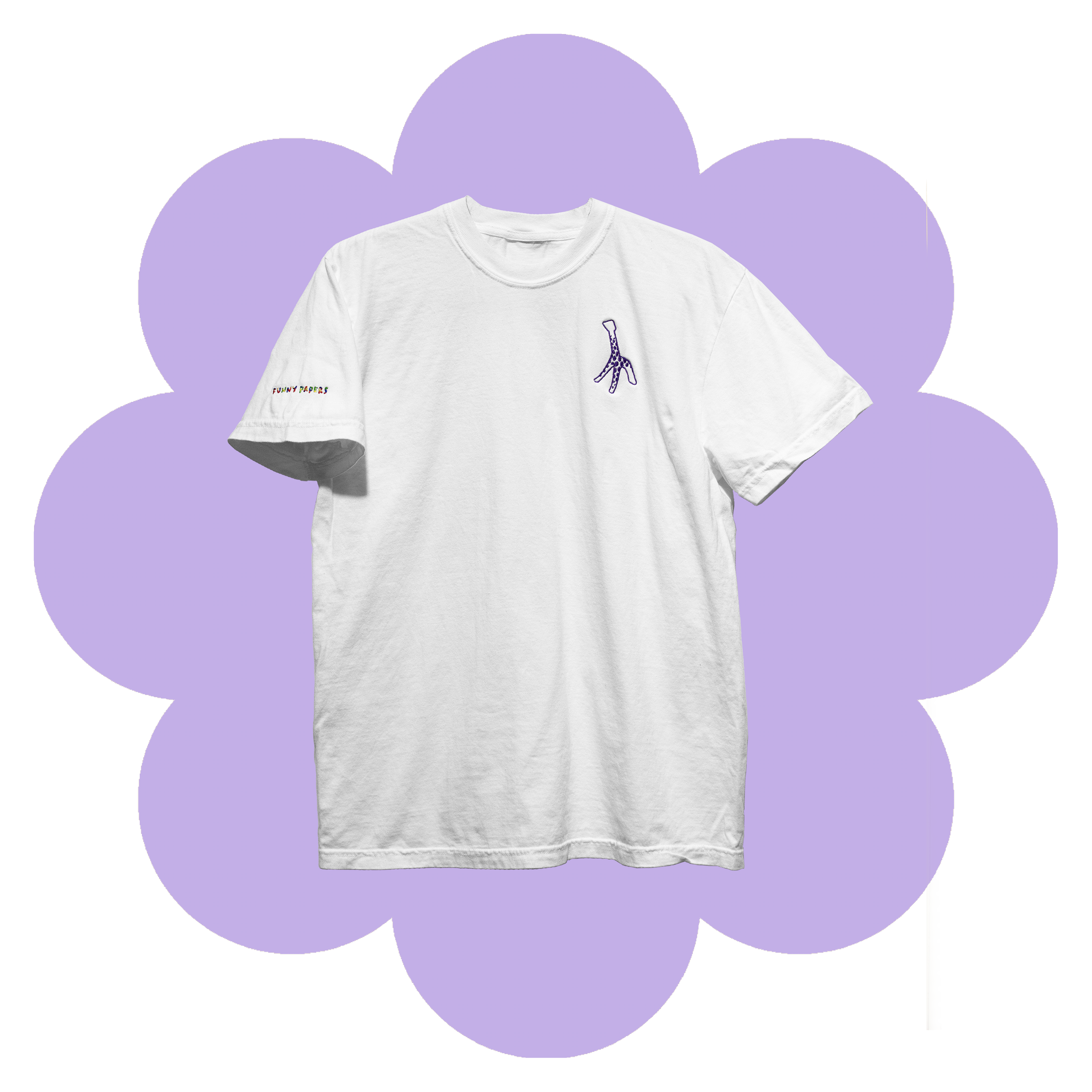White t-Shirt with Purple colored Giraffe embroidery on left chest and "Funny Papers" embroidered on right sleeve in RGB variable thread
