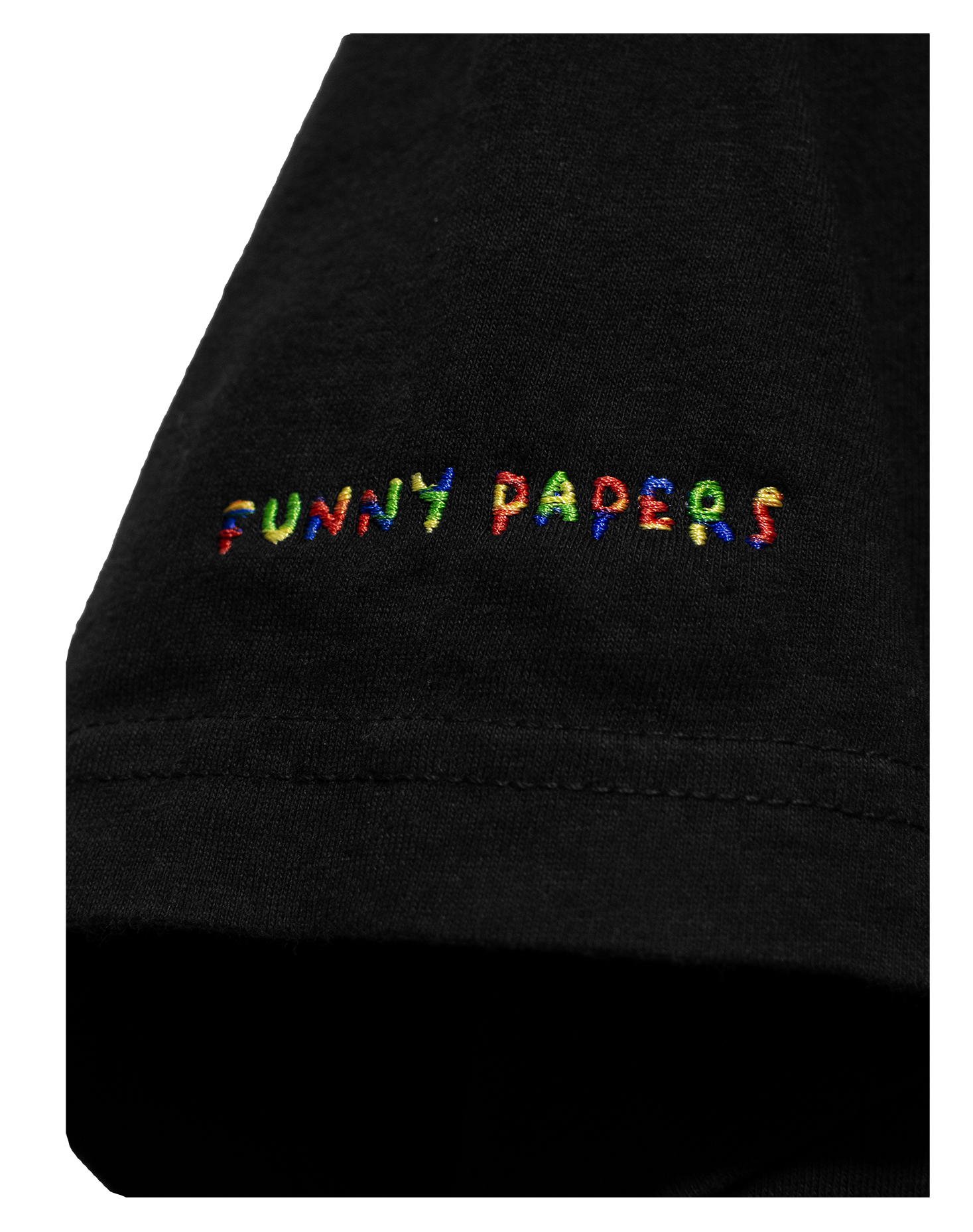 Detail of Right sleeve on Black T-Shirt with "Funny Papers" embroidered on right sleeve in RGB variable thread