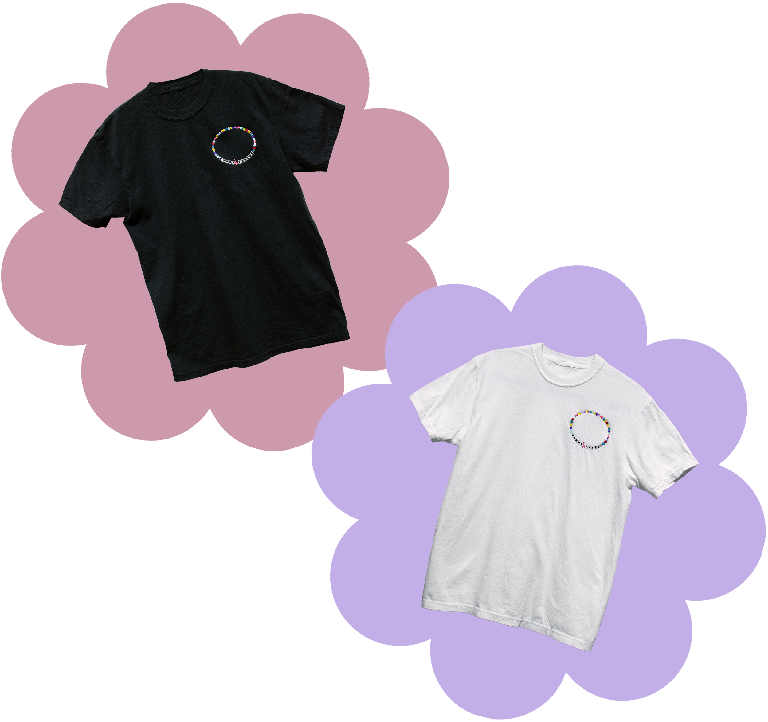 Black and White T-Shirts on Pink and Purple Flowers with embroidery on the left chest of a multi-colored charm bracelet with Heart and Star charms and tiles that spell out "Funny Papers"