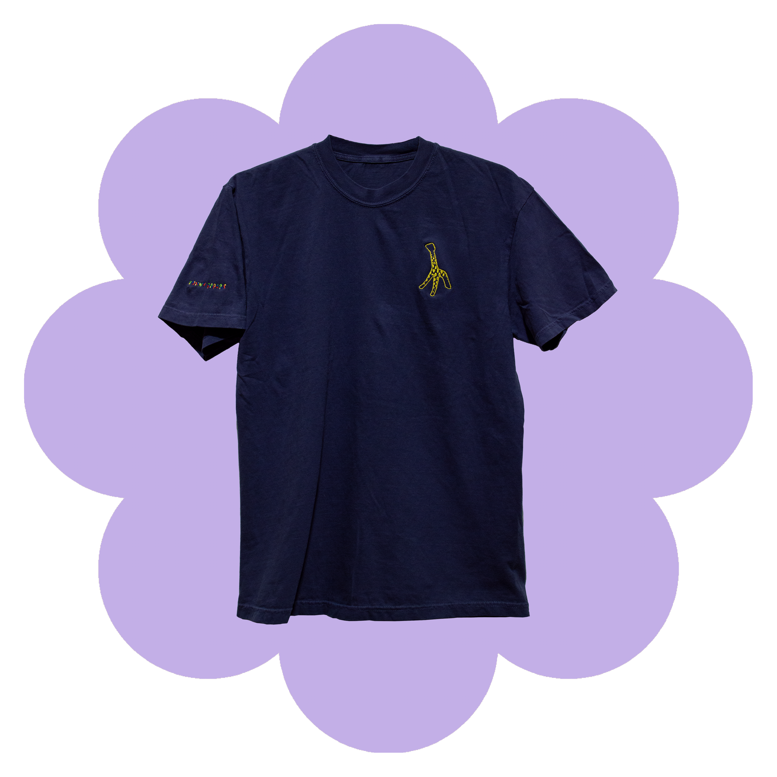 Washed Navy t-Shirt with Marigold colored Giraffe embroidery on left chest and "Funny Papers" embroidered on right sleeve in RGB variable thread