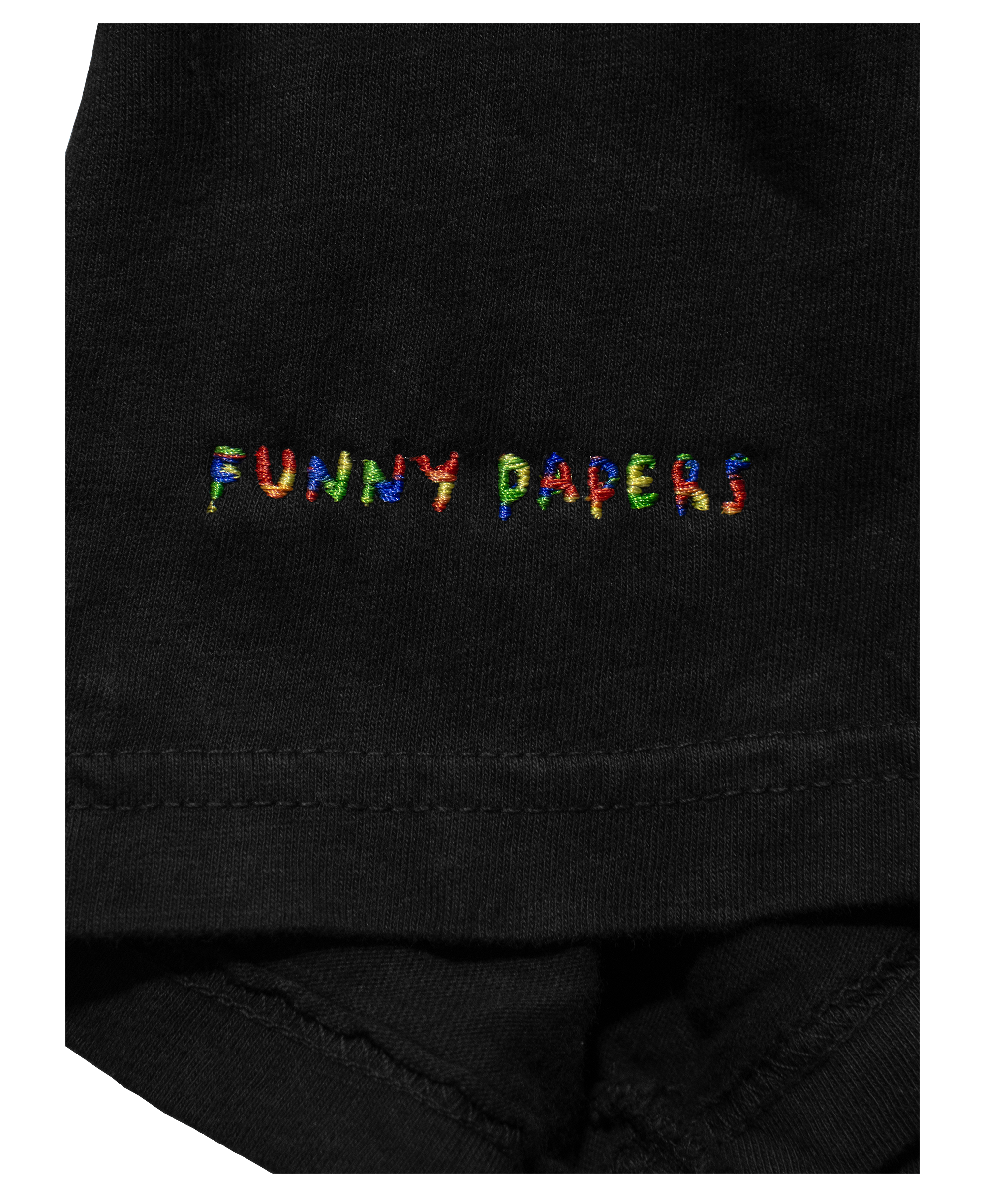 Detail of Black t-Shirt's right sleeve with "Funny Papers" embroidered on right sleeve in RGB variable thread