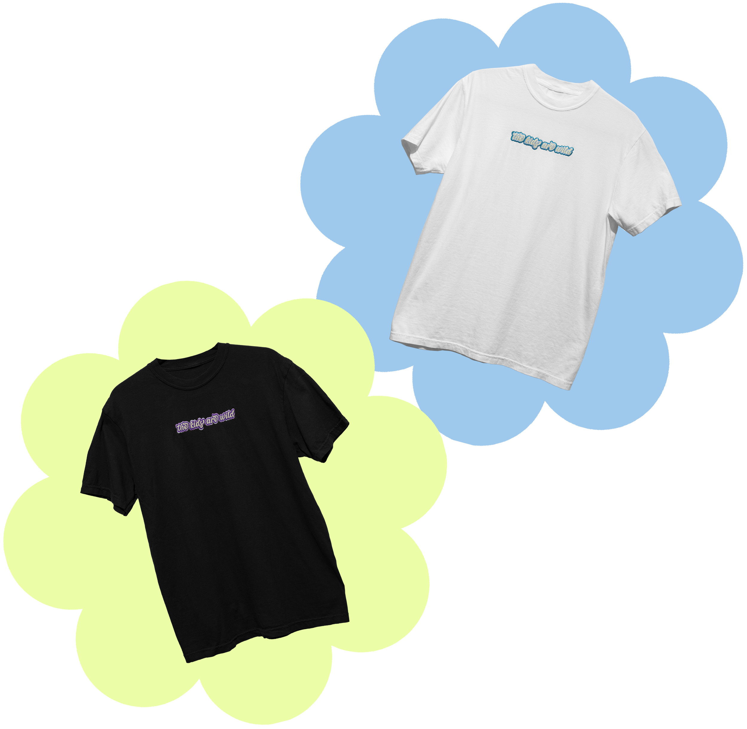 Black and White T-Shirts on Blue and green flowers with embroidery on center chest that reads "The Kids are Wild" in a bubble font and two bubble backgrounds behind each word