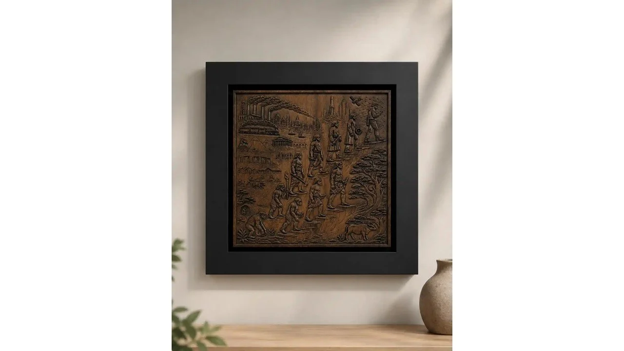The Ascent of Man carved walnut relief by Edge Point