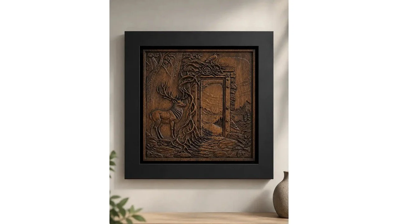 The Threshold carved walnut relief by Edge Point