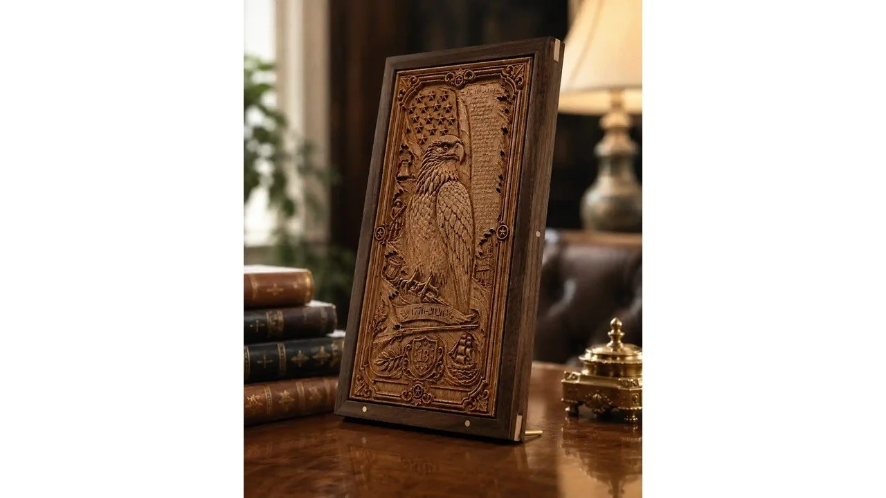 Detail view of The Thirteenth Star carved oak relief by Edge Point