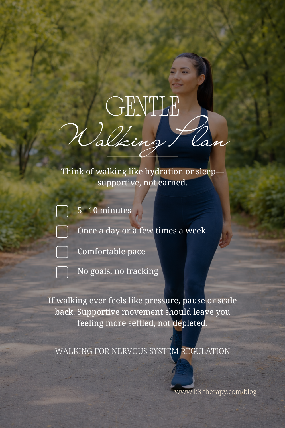 fit woman walking outside in nature with a soft smile on her face