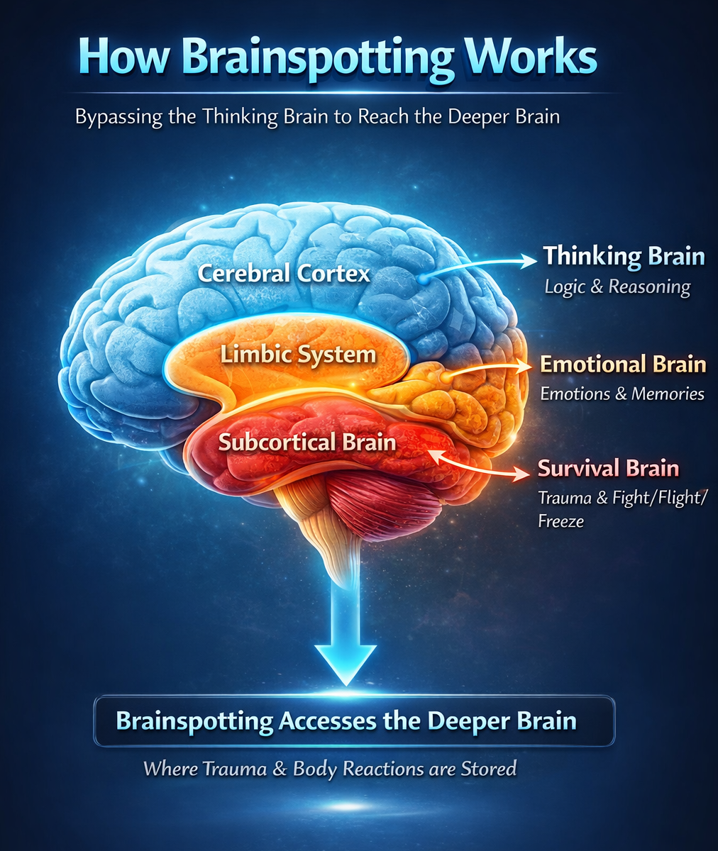 brainspotting therapy diagram showing cerebral cortex limbic system and subcortical brain and how trauma is processed