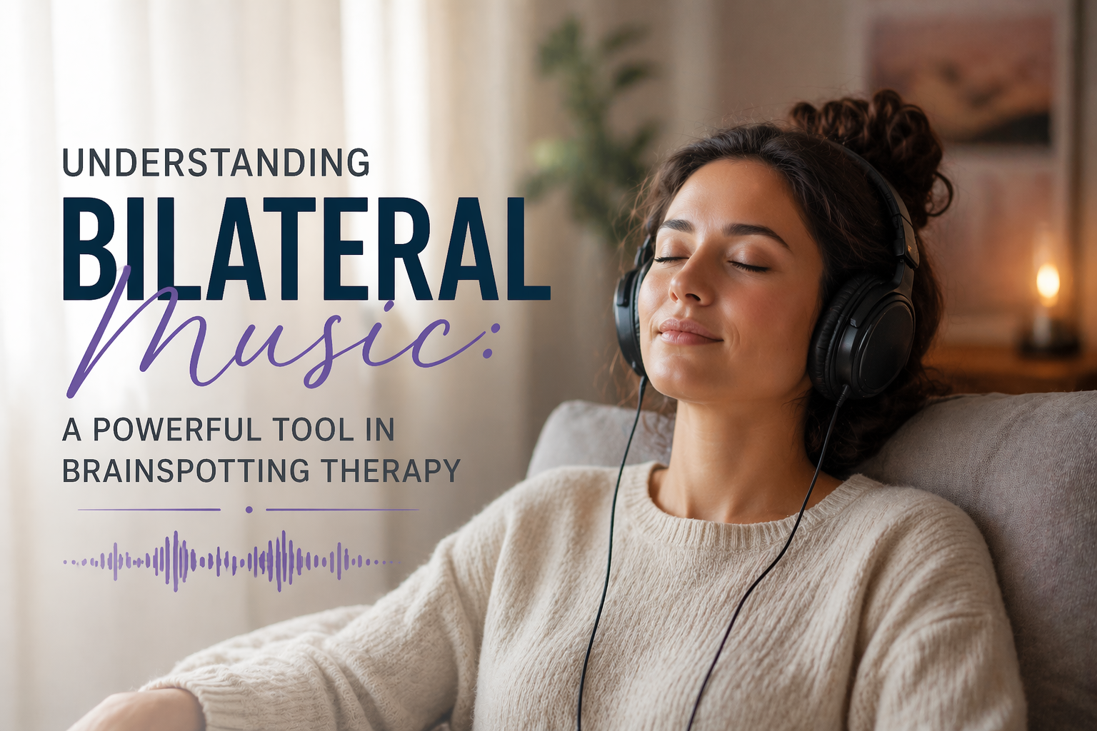 Woman wearing headphones sitting on a couch with eyes closed, appearing calm and relaxed while listening to bilateral music for nervous system regulation, with overlay text about Brainspotting therapy and emotional healing