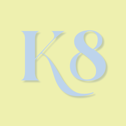 Large pastel blue letters 'K' and '8' on a light yellow background.